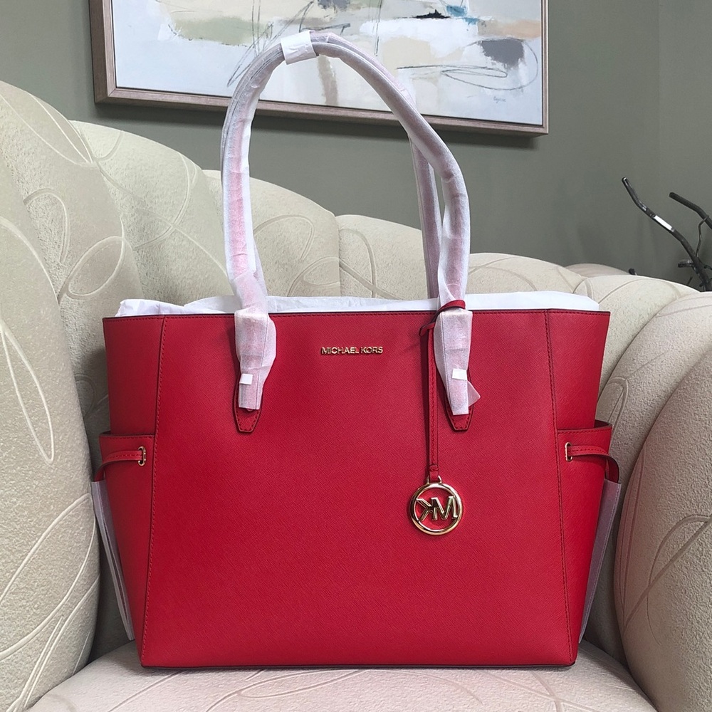 Michael Kors GILLY Bright Red Saffiano Leather Tote with Gold Accents - LG
